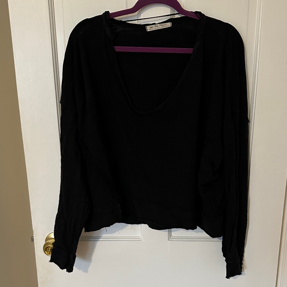 Free People Raw-Edge Black V-Neck Sweatshirt